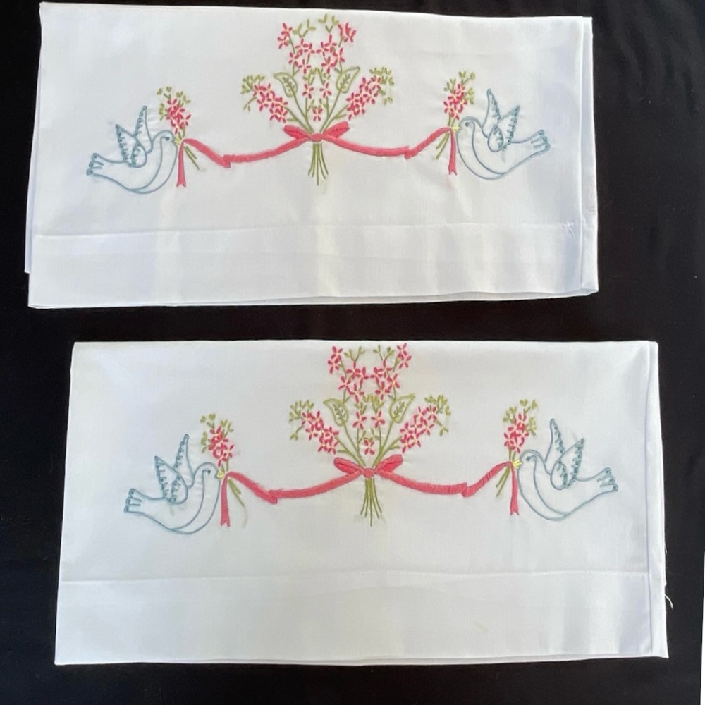 Vintage Hand Embroidered White Standard Pillowcases with Floral and Bird Design